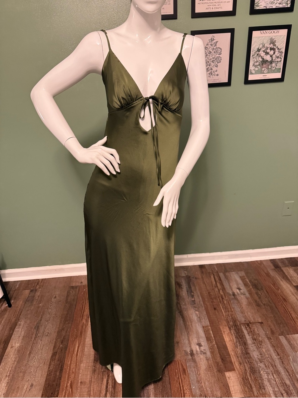 Peppermayo Flora Satin Maxi Dress NWT Size 4 Olive Green - Picture 2 of 12